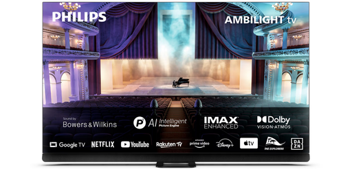 [77OLED908/12] TV 77" OLED 
Ecran Oled, Ambilight, 3840x2160, 120Hz, Goolgle TV,  TV Connectée, Wifi, Bluetooth,
x4 HDMI x3 USB, Pied central, Audio 80W Dolby Atmos, DTS:X